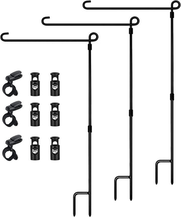 Garden Flag Stand, Premium Garden Flag Pole Holder Metal Powder-Coated Weather-Proof Paint with One Tiger Clip and Two Spring Stoppers without Flag 3 Pack