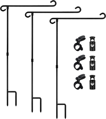 HOOSUN Garden Flag Stand Holder Pole Easy to Install Strong Sturdy Wrought Iron Fits 12.5" X 18" Mini Flag with 1 Tiger Clip Curved Hook with S Type (3 Pack)
