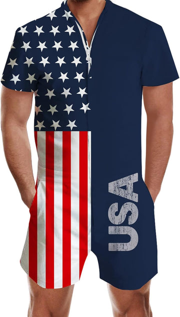 RAISEVERN Men'S Rompers Male Zipper Jumpsuit Shorts One Piece Romper Bro Short Sleeve Shirt Outfits