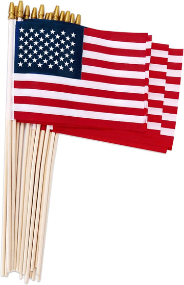 Pack of 24,4X6 Inch American Flags Handheld Small Flags on the Wooden Stick,With Kid-Safe Spear Top,Perfect for Parades, Decoration, Veteran Party, Etc