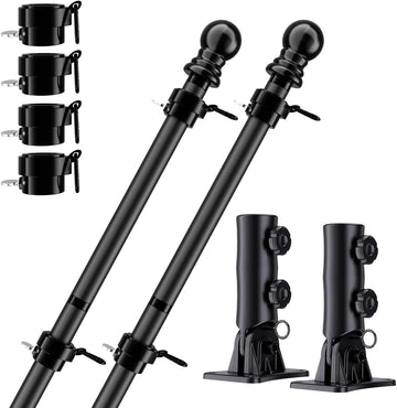 Flag Pole for Kit (2 Packs), 6FT Black Tangle Free Porch Metal Aluminum Flagpole with Upgraded Bracket for 3X5 American Flag, Black Adjustable Outdoor Flag Poles for Porch, Outside, Truck,Garden