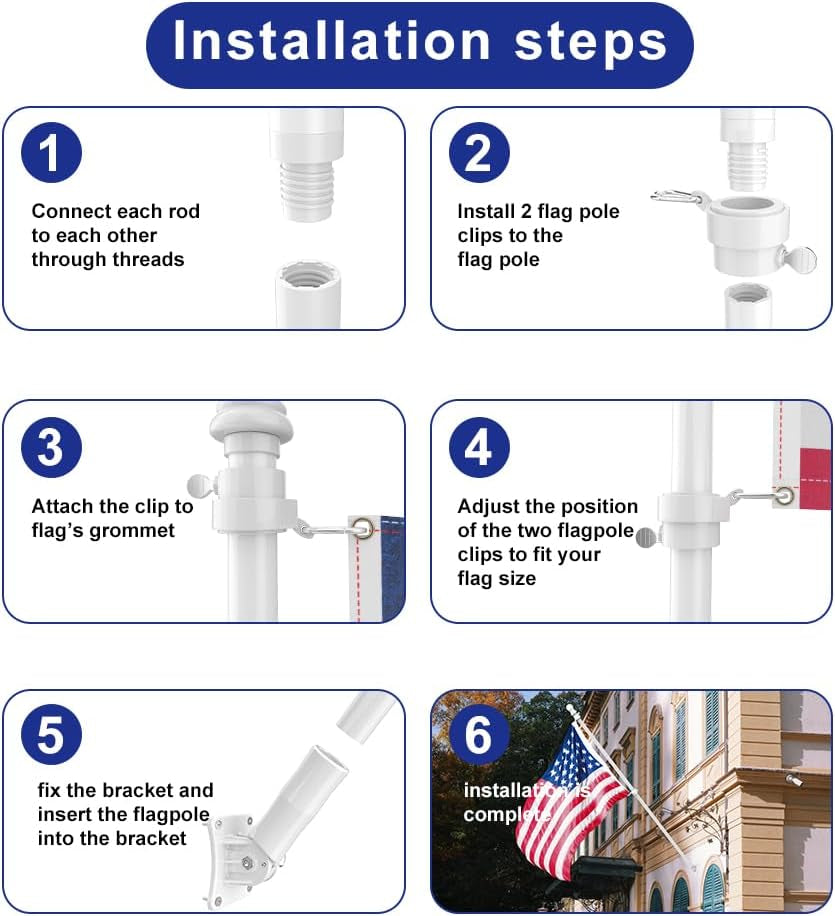 Flag Pole for Kit, 5FT White Tangle Free Porch Metal Aluminum Flagpole with Upgraded Bracket for 3X5 American Flag, White Adjustable Outdoor Flag Poles for Porch, Outside, Truck,Yard, Garden