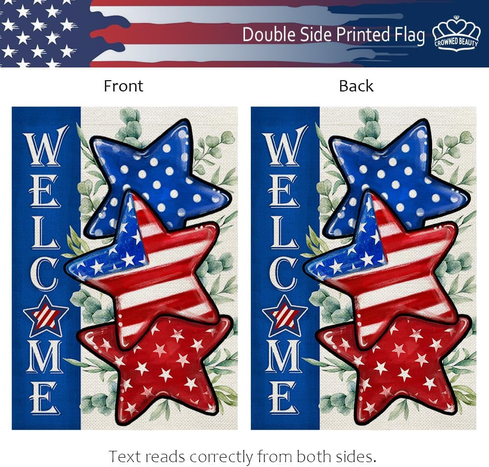 CROWNED BEAUTY 4Th of July Patriotic Stars Garden Flag 12X18 Inch Double Sided for outside Small Burlap Independence Day Welcome Yard Flag CF1526-12