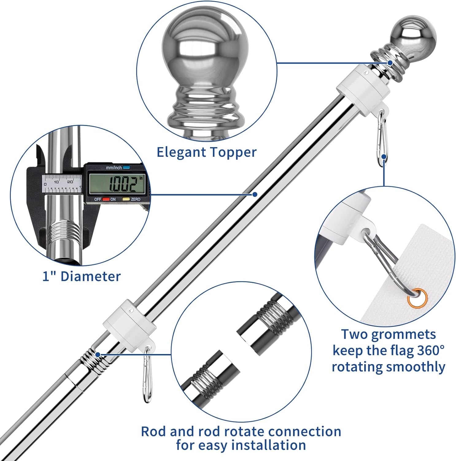Flag Pole - Tangle Free Flagpole with Upgraded Bracket, 6 FT Stainless Steel Flag Poles for outside House, Residential or Commerical - Flag Pole Kit for Proud American Flag (Without Flag, Silver)