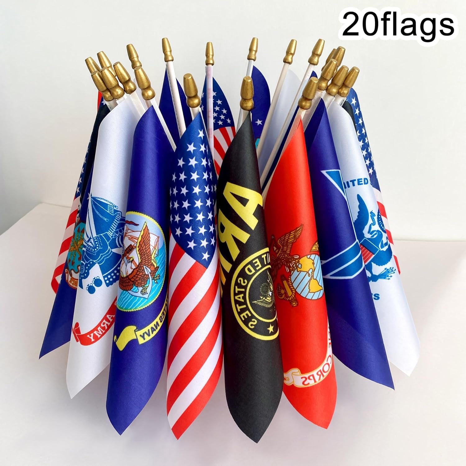 Military Flag Set Small Mini Army Armed Forces Hand Held Flags on Wooden Stick for Memorial Day,Veterans Day,5X8 Inch,20 Pack