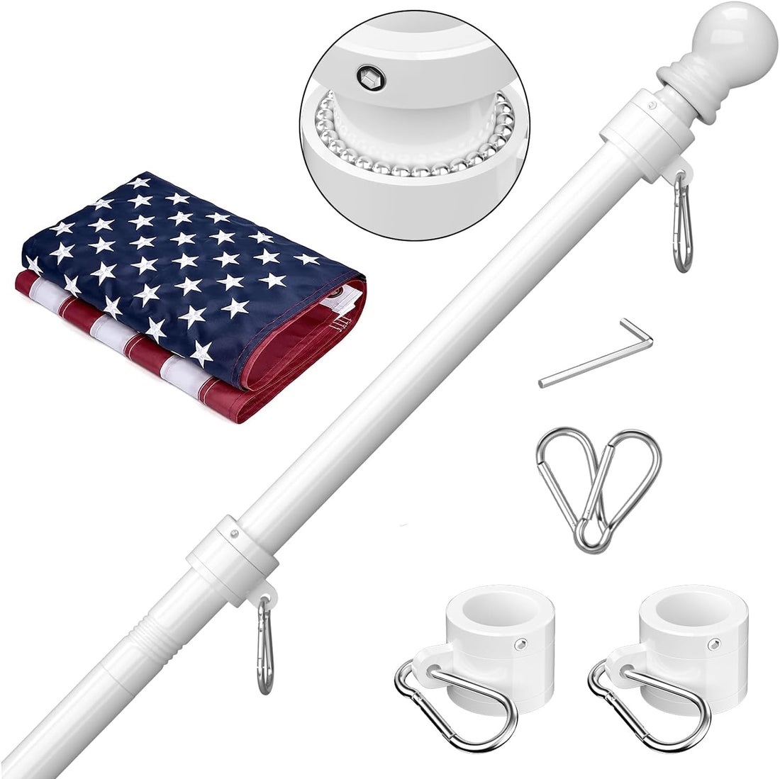 American Flag with Pole - Tangle Free Flagpole Residential or Commerical Kit with Stainless Steel Flag Poles,3X5 Embroidered US Flag for outside House,Porch,Garden,Yard (5FT, White)