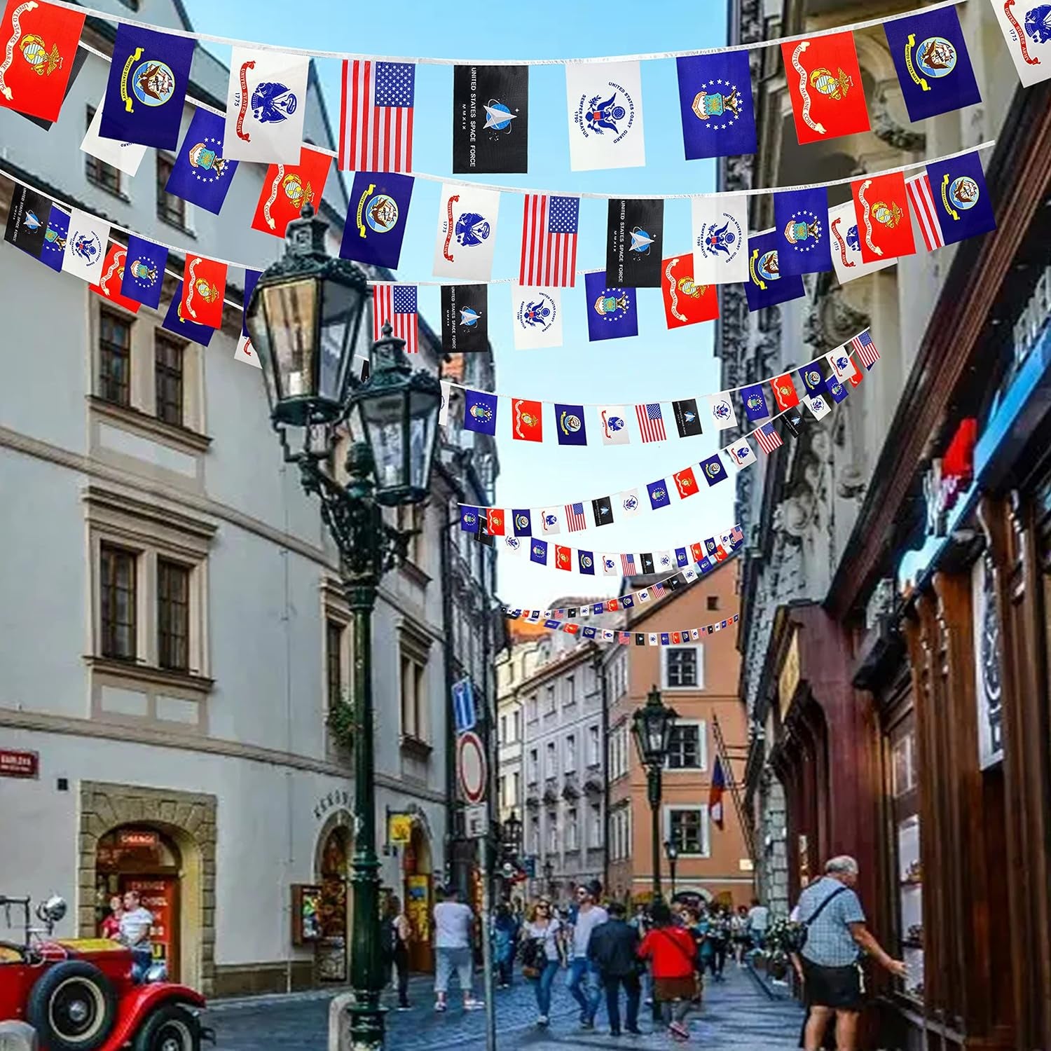 Consummate 2 String USA Military Flags Banner Set All Branches Bunting Flags for Memorial Day,Veterans Day Decorations,60 Feet 42 Flags