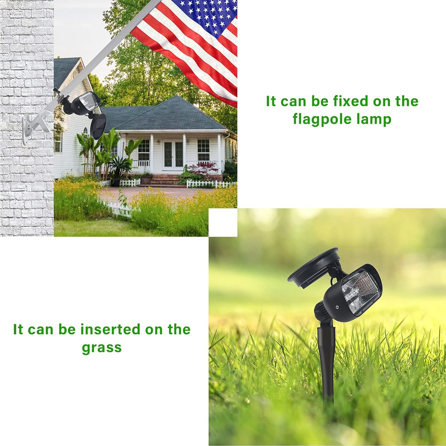 Flag Pole Light Solar Powered, 2 in 1 House Mounted Flagpole Solar Light, Metal Clamps Fits 1” to 3.5” in Diameter Flagpole, Super Bright 4 LED Outdoor Dusk to Dawn for Wall-Mount Spinning Flag Poles
