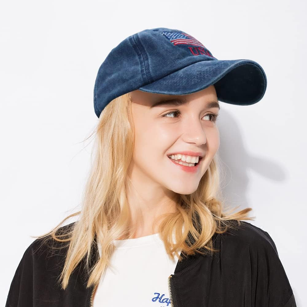 American Flag Hat, Vintage Distressed Cotton Dad Hat Baseball Cap USA Adjustable Patriotic Hat for Men Women