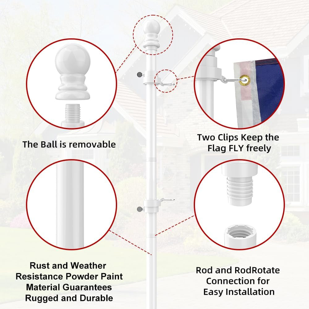Flag Pole for Kit, 5FT White Tangle Free Porch Metal Aluminum Flagpole with Upgraded Bracket for 3X5 American Flag, White Adjustable Outdoor Flag Poles for Porch, Outside, Truck,Yard, Garden