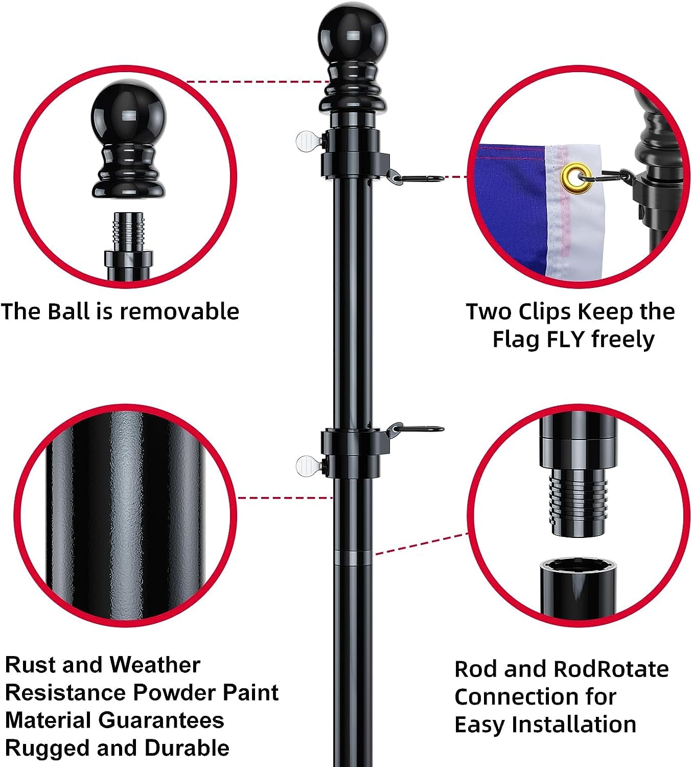 Flag Pole for Kit, 6FT Black Tangle Free Porch Metal Aluminum Flagpole with Upgraded Bracket for 3X5 American Flag, Black Adjustable Outdoor Flag Poles for Porch, Outside, Truck,Yard,Garden