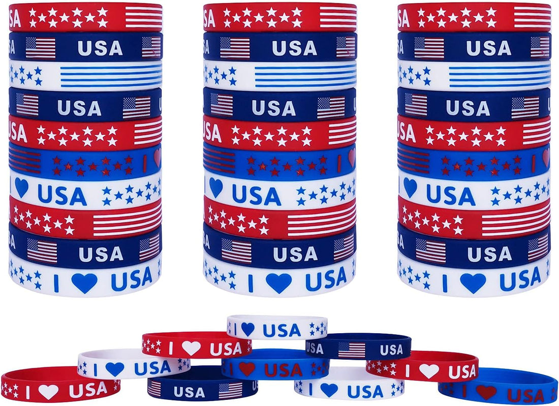 40Pcs American Flag Silicone Bracelet, Patriotic Party Fourth 4Th of July Party Accessories Wristband USA Veterans Day Memorial Day Party Favors School Gifts Supplies