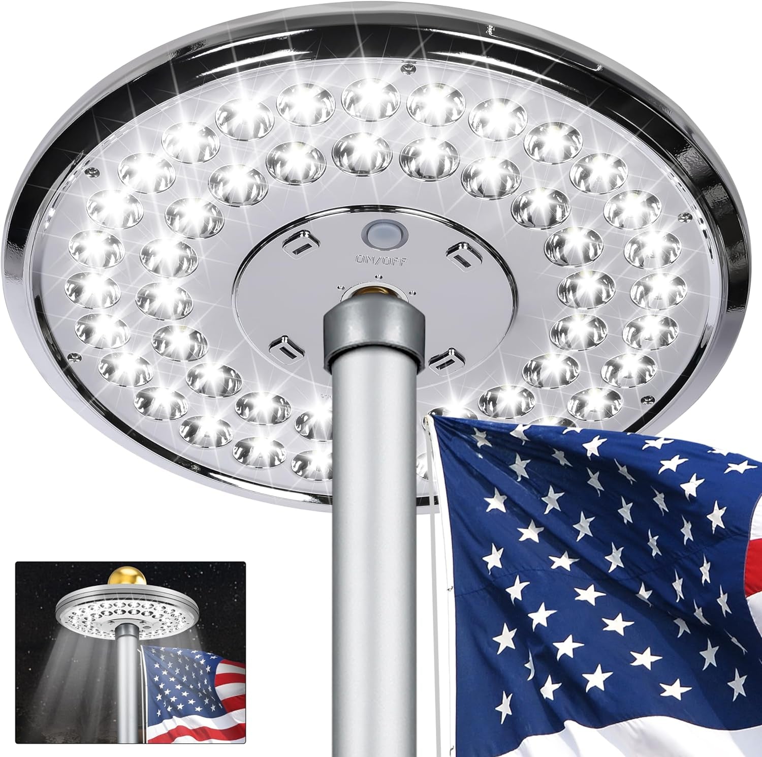 Flagpole Light Solar Powered, Auro 4 Golden Flag Pole Light 48 Large LED for 15-25 Ft Poles,12 Hour Dusk to Dawn Auto On/Off, Spectacular Aurora Lighting on Outdoor Pole Top
