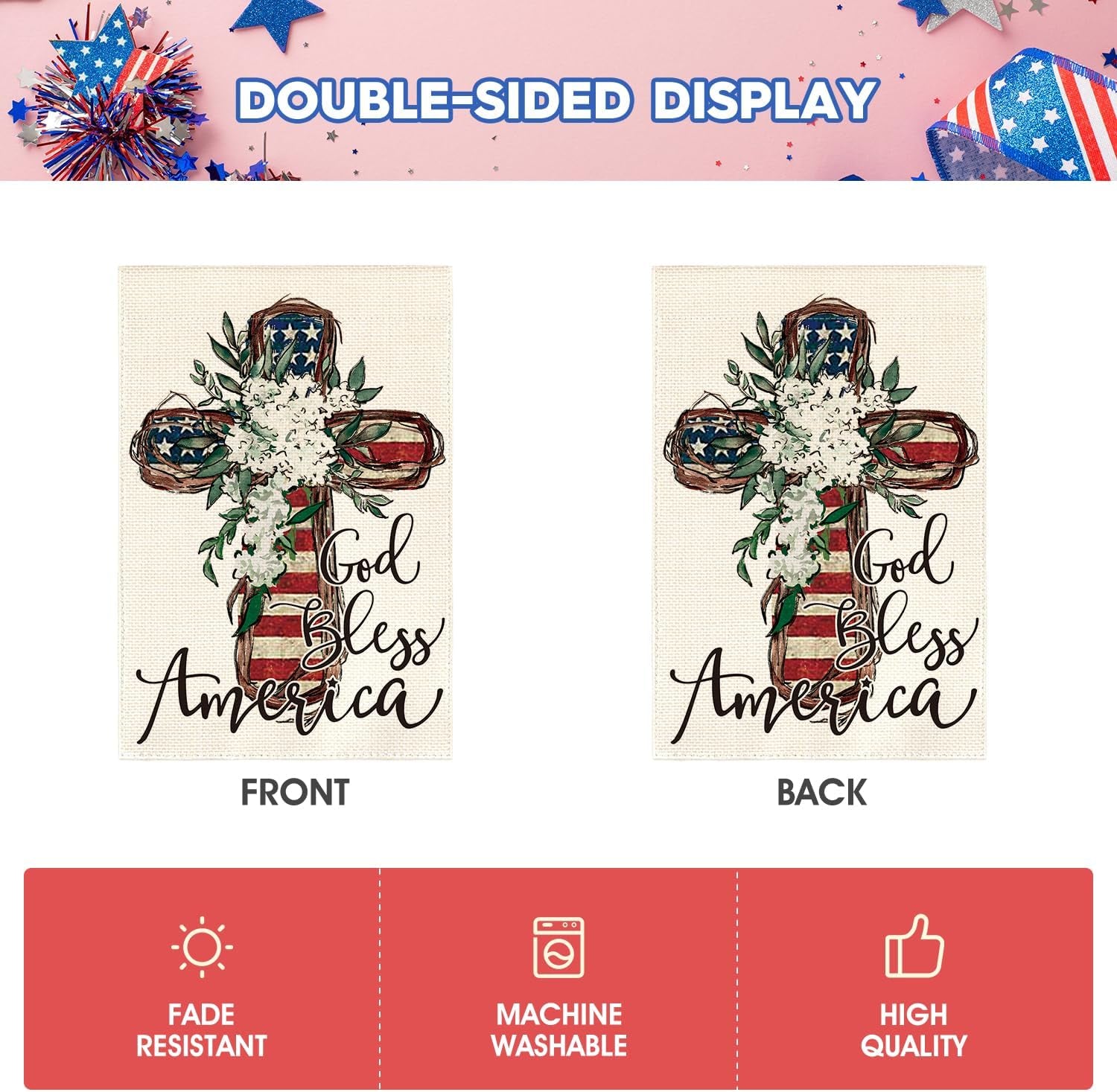 AVOIN Colorlife God Bless America Stars and Stripes House Flag 28X40 Inch Double Sided, Memorial Day 4Th of July Patriotic Lily Cross Yard Outdoor Decoration