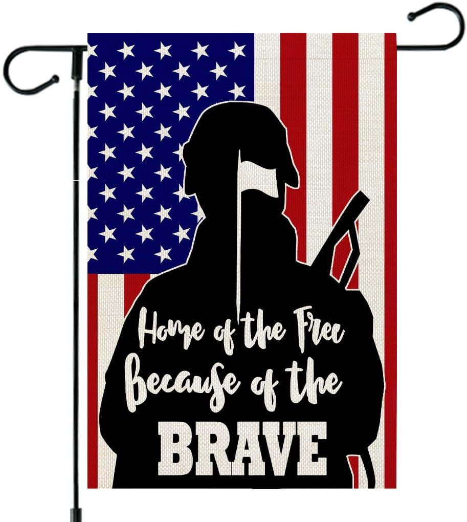 CROWNED BEAUTY 4Th of July Memorial Day Soldier Garden Flag 12X18 Inch Double Sided for outside Small Burlap Patriotic Independence Day Because of the Brave Yard Flag