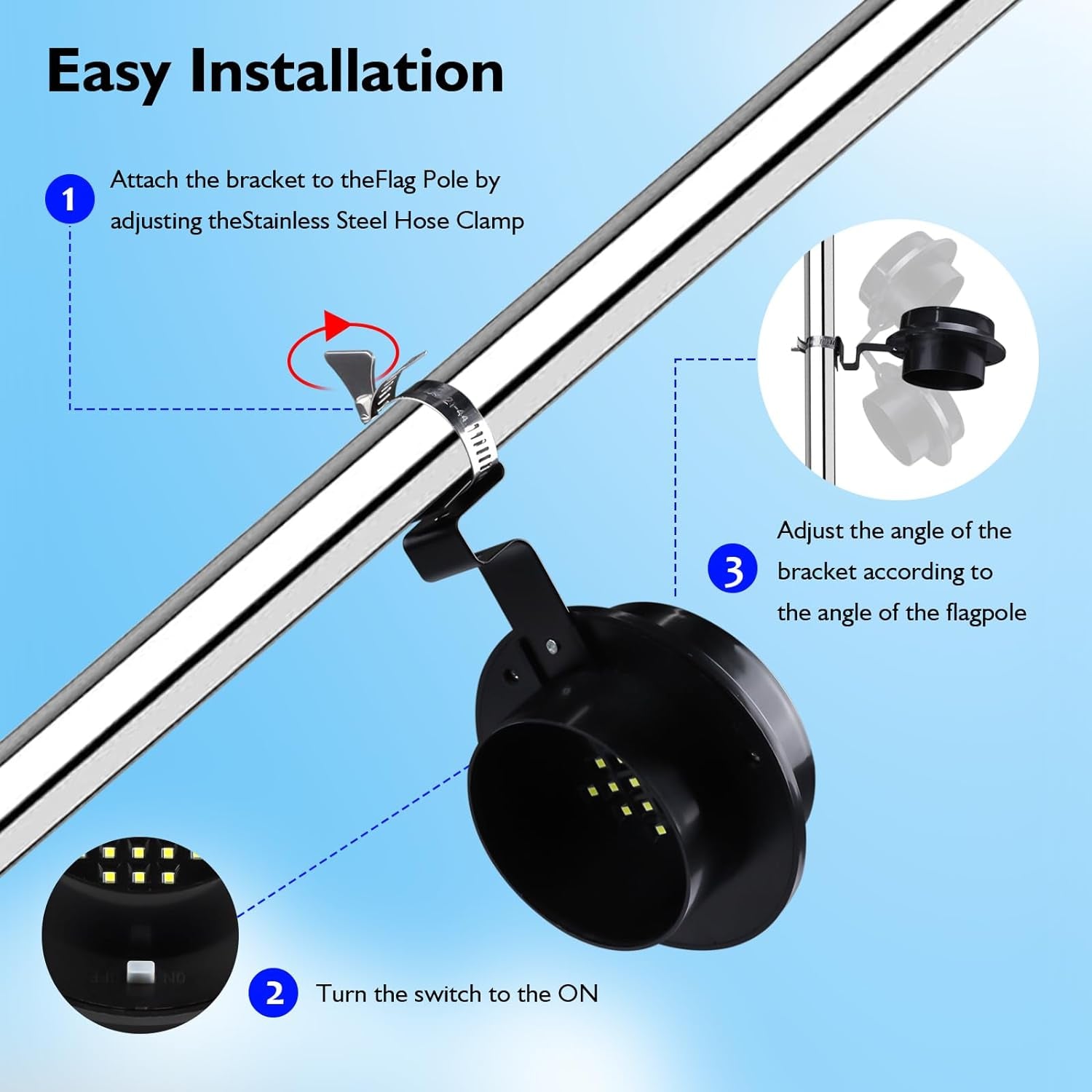Flag Pole Light Solar Powered Outdoor Top Mounted Flagpole Solar Light, Metal Clamps Fits 1”To 1.5”Flagstaff , Brightest Flagpole Lights 13 LED Dusk to Dawn for Wall-Mount Spinning Flag Poles BLACK Y