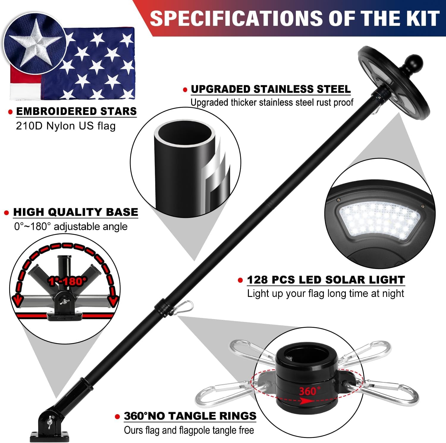 Delux American Flag with Pole and Solar Light Kit, 6 FT No Tangle Metal Pole with Holder, 128 LED Solar Powered Light, Embroidered Flag 3X5 FT, Set for 10 Hours Use for Night House Outdoor (Black)