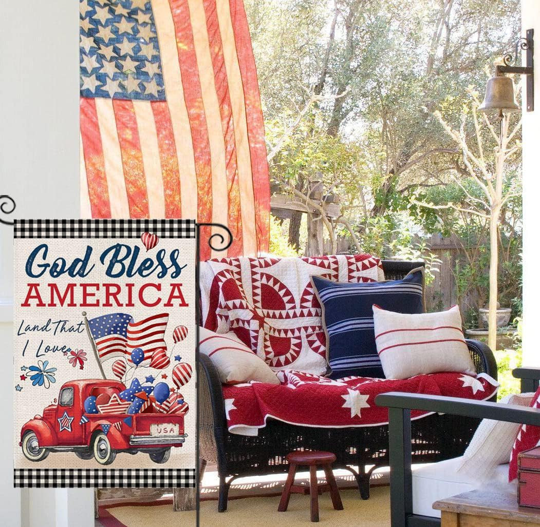 4Th of July Garden Flags for Outside,Patriotic American Truck with Flags Buffalo Plaid Small Yard Flags for Outdoor,Memorial Independence Day Decorations for Farmhouse Holiday Summer 12X18 Inch Double Sided