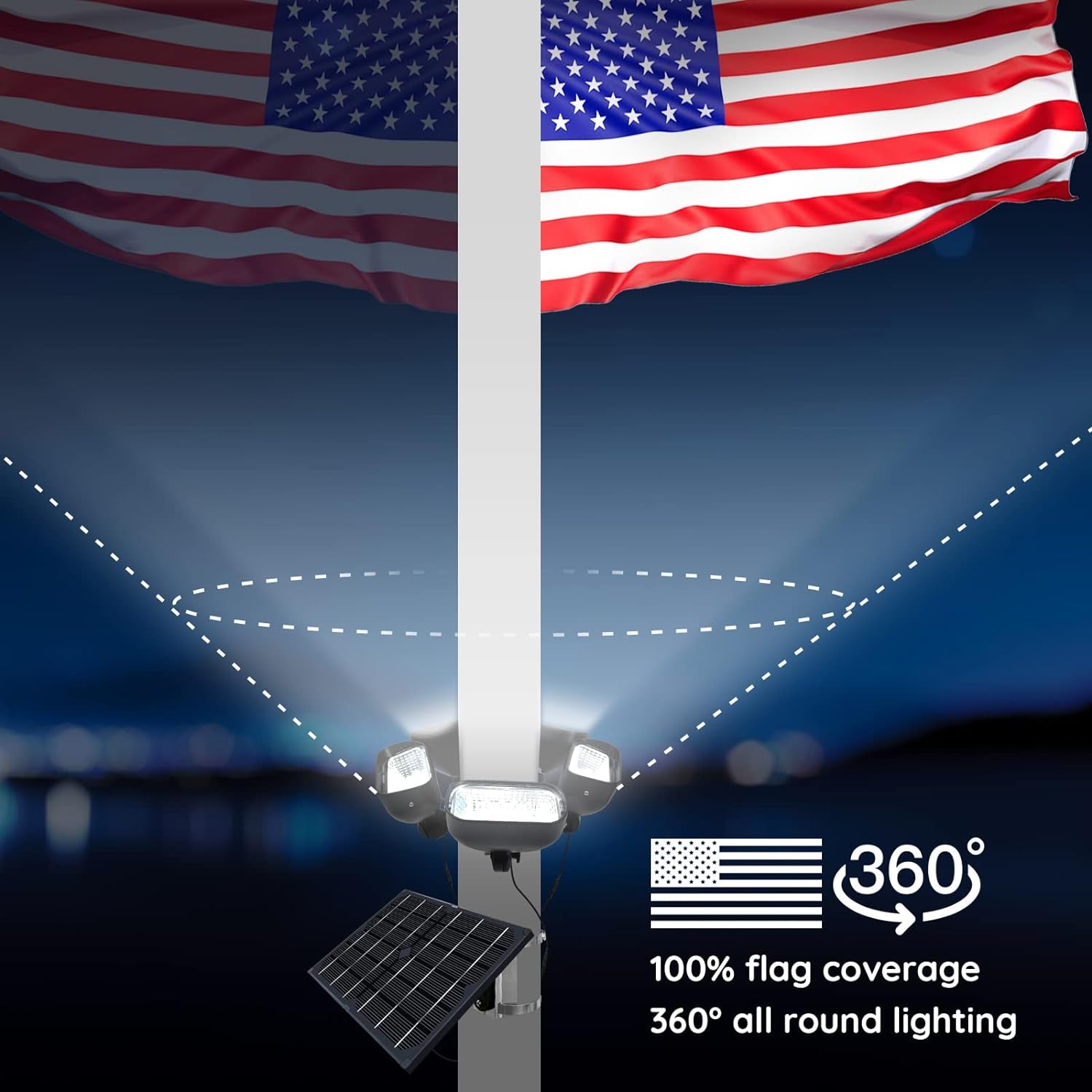 Solar Flag Pole Light for 15-40Ft Flagpole 3 Super-Spotlights 12000 Mha，Adjustable Clamps Fits 3-6''Diameter Inground Poles Flag Poles Coverage-Light up American Flag Outdoor with from Dusk to Dawn