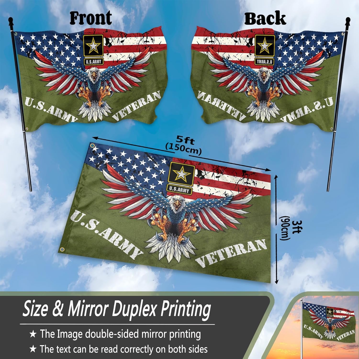 U.S. Army Veteran Flag 3X5 Ft Outdoor American Eagle Military Flag Double Sided Mirror Print Memorial Day 4Th of July Independence Day Flags for House Indoor outside Yard Patriotic Banner Decor
