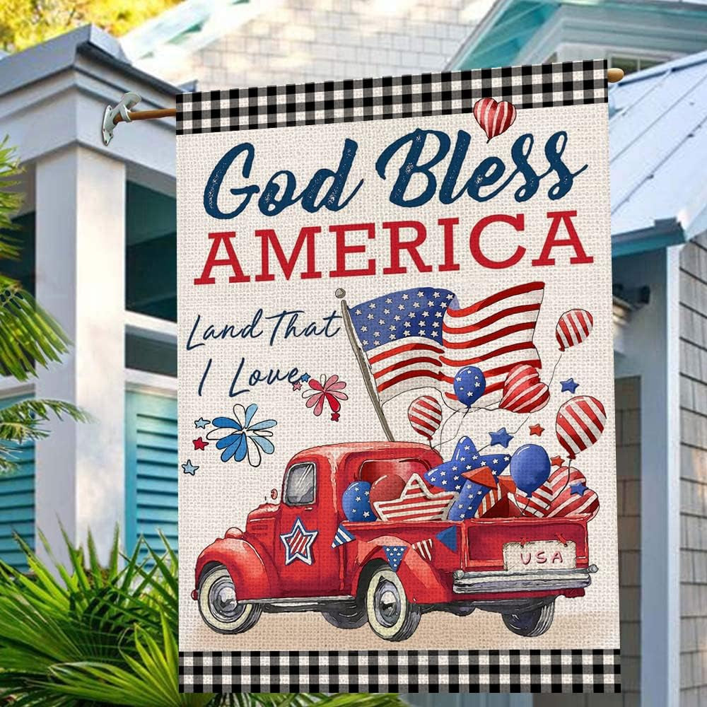 4Th of July Flags 3X5 Ft for Outside, Patriotic American Truck with Flags Buffalo Plaid Double Sided Big Large Yard Flags,Seasonal Banners Decorations with Brass Grommets for Outdoor Farmhouse Holiday