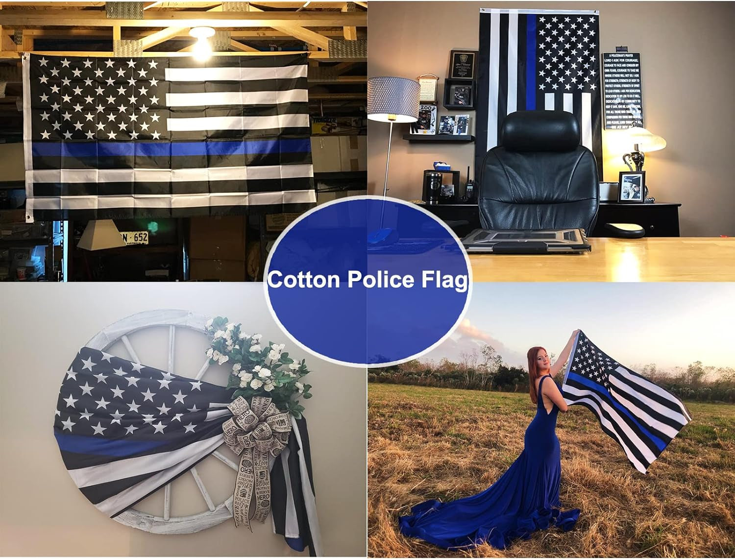 Homissor Thin Blue Line Flag Cotton Police Flags 3X5 Ft Embroidered Star Heavy Duty Back the Blue Flag Stripe Blue Line Lives Matter Flags Banner with 2 Brass Grommets
