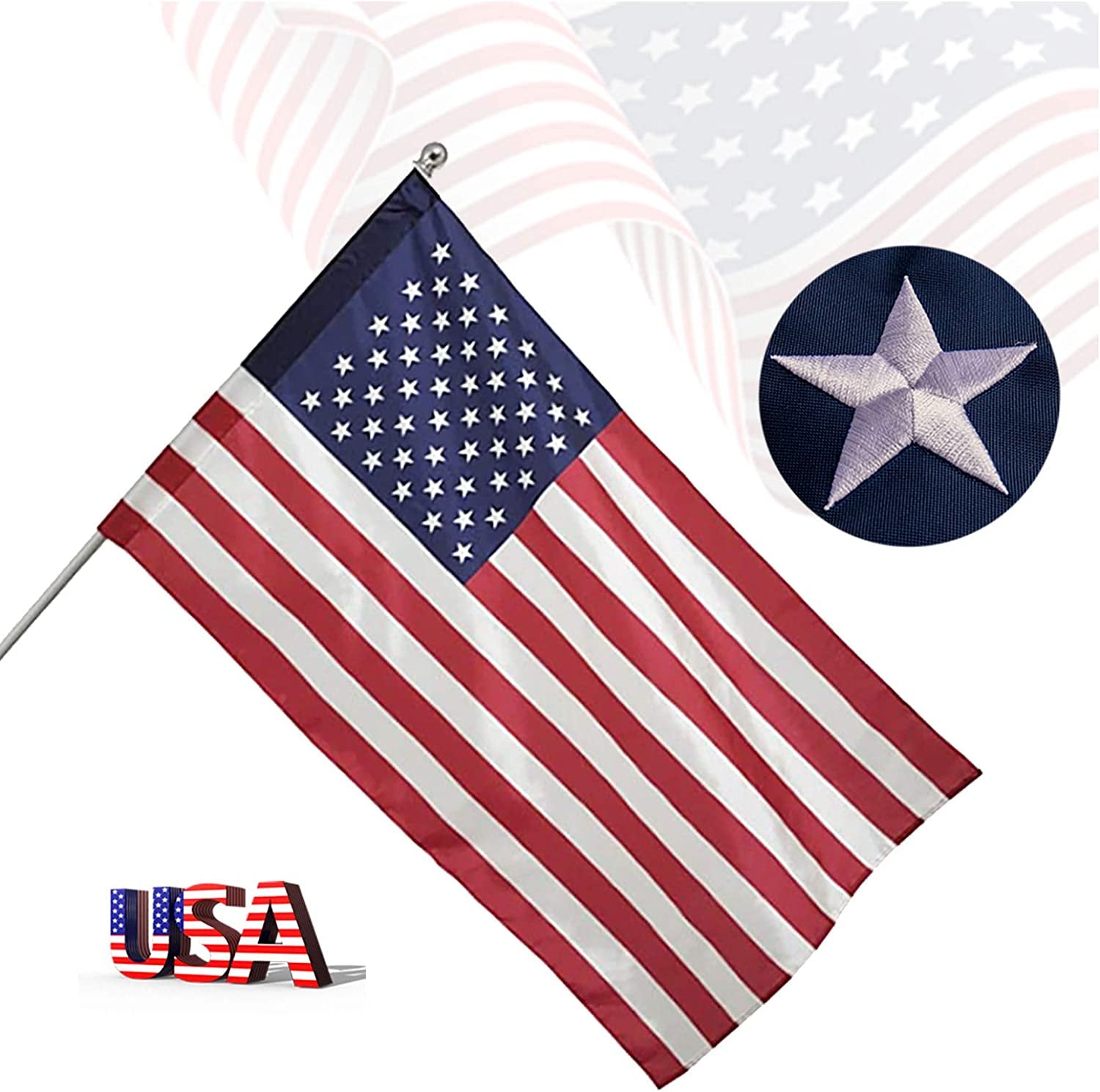 3X5 Ft American Flag Pole Sleeve Banner Style-Embroidered Stars,Sewn Stripes,Uv Protected,Heavy Duty Durable Nylon USA US Outdoor Indoor Flags (Pole NOT Included)