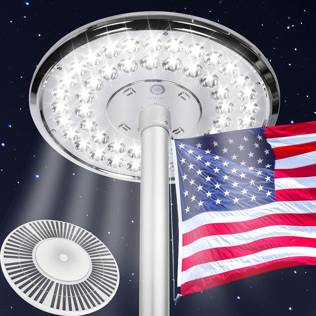 Flag Pole Light Solar Powered Spotlight Outdoor, 48 LED IP67 Waterproof Solar Flag Pole Light up to 12 Hours, Top Mounted Flag Pole Solar Light, Silver Shade