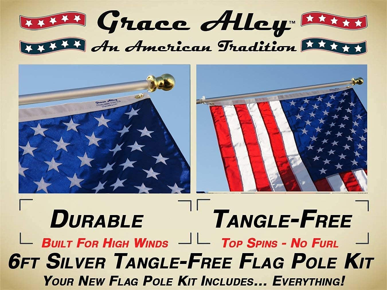 Flag Pole Kit: Includes Tangle Free Flag Pole, Flag Pole Bracket and American Flag - Made in USA. Great for Residential or Commercial. Brushed Aluminum Flag Pole. (American Classic White Kit)