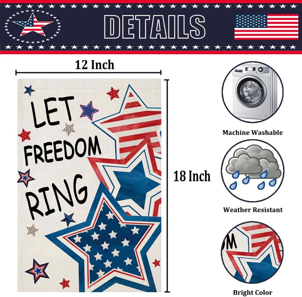 4Th of July Garden Flags 12X18 Inch Double Sided, Patriotic Stars LET FREEDOM RING Yard Flag, Small Independence Day Decoration for Outside