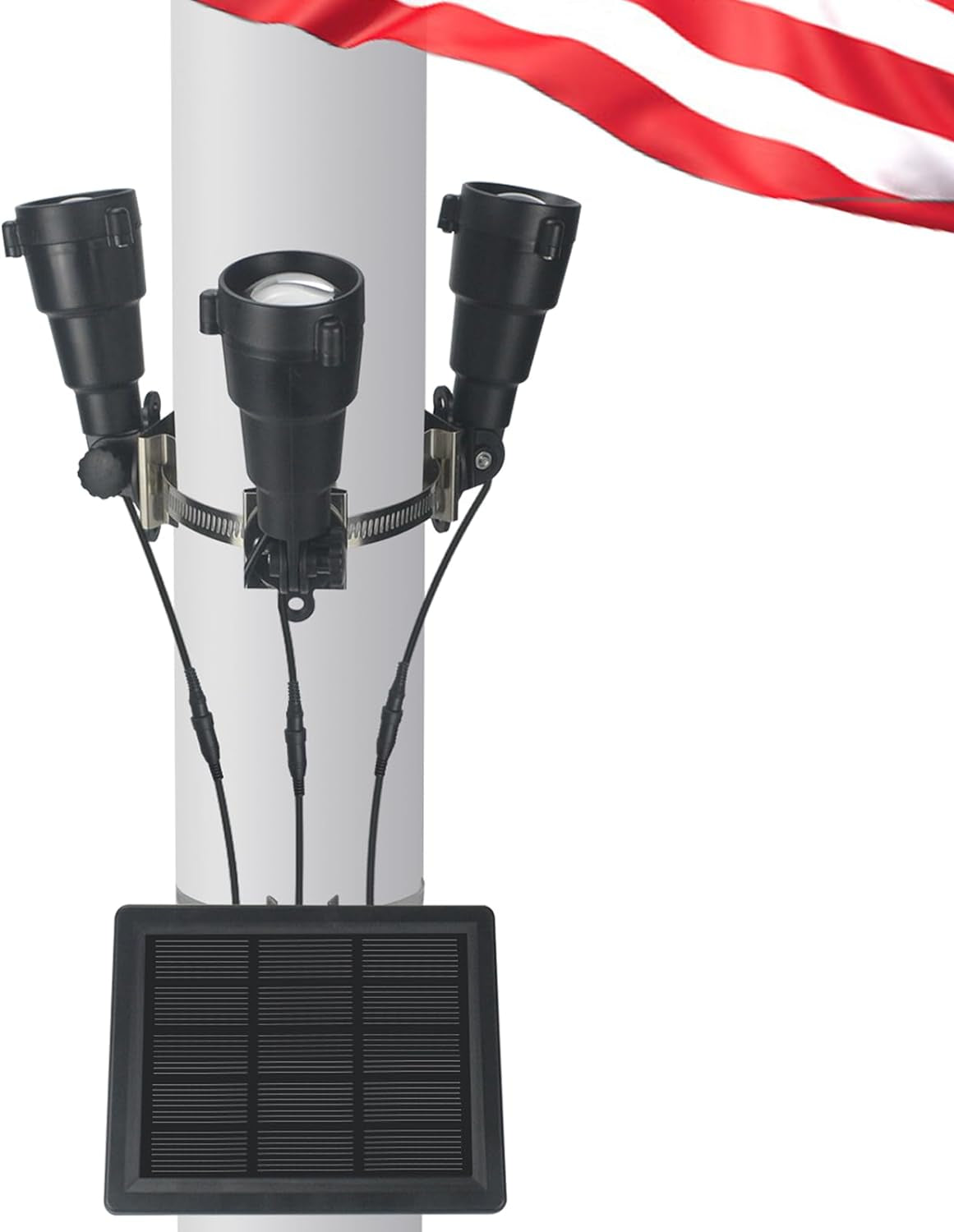 Flag Pole Light Solar Powered, 3 Super-Spotlights PC Crystal LED, IP65 Waterproof Flagpole Light Solar Powered Fits 2-3.5''Flag Poles, 360 Degrees of Flag Illumination Flag Ground House