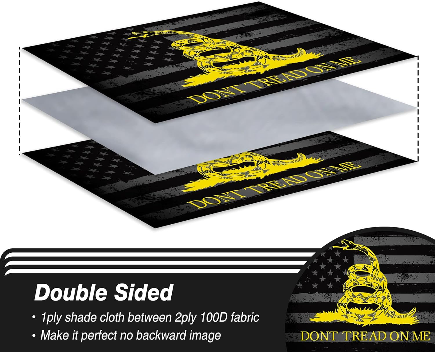 XIFAN Premium Double Sided Don'T Tread on Me Gadsden Black American Flag - Heavy Duty 3Ply Polyester Durable Vibrant Print Double Stitched - 3X5 FT Tea Party Rattlesnake Indoor Outdoor Banner