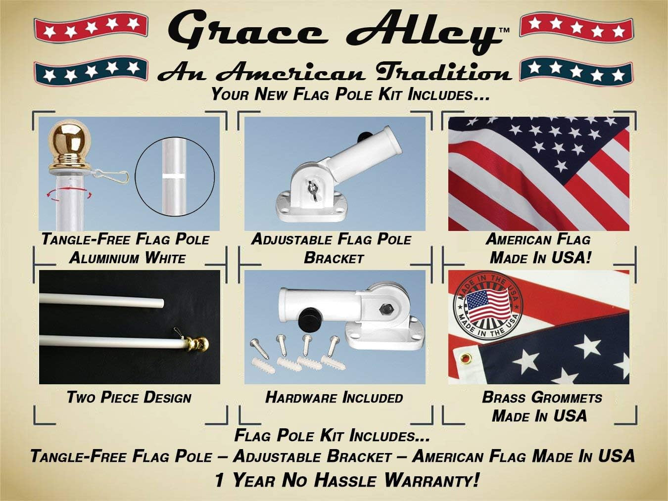 Flag Pole Kit: Includes Tangle Free Flag Pole, Flag Pole Bracket and American Flag - Made in USA. Great for Residential or Commercial. Brushed Aluminum Flag Pole. (American Classic White Kit)