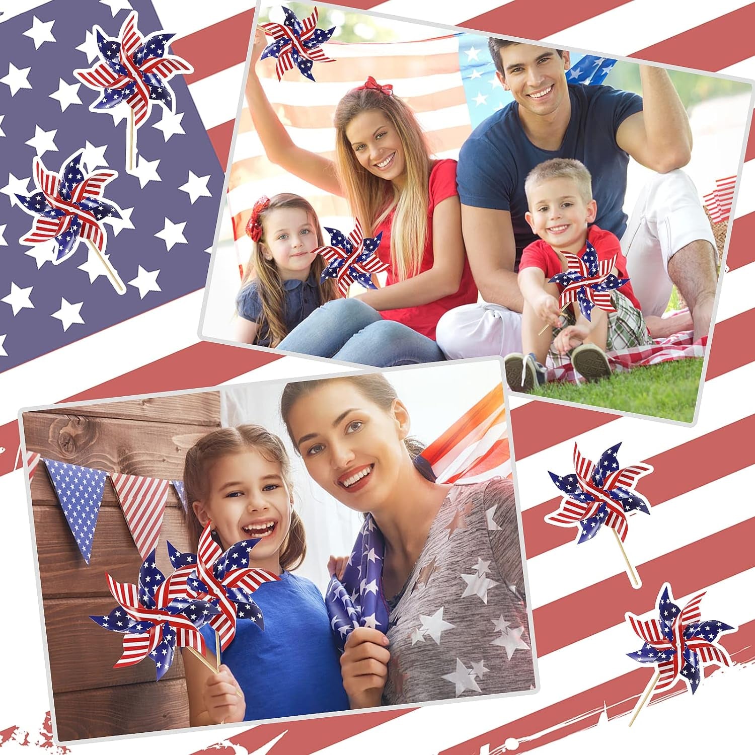 Wind Spinners Outdoor, 12Pcs American Flag Patriotic Pinwheels Red White and Blue Decorations, Garden Wind Spinners Patriotic Outdoor Decor Windmills for Yard Garden, Party Supplies, Memorial Day