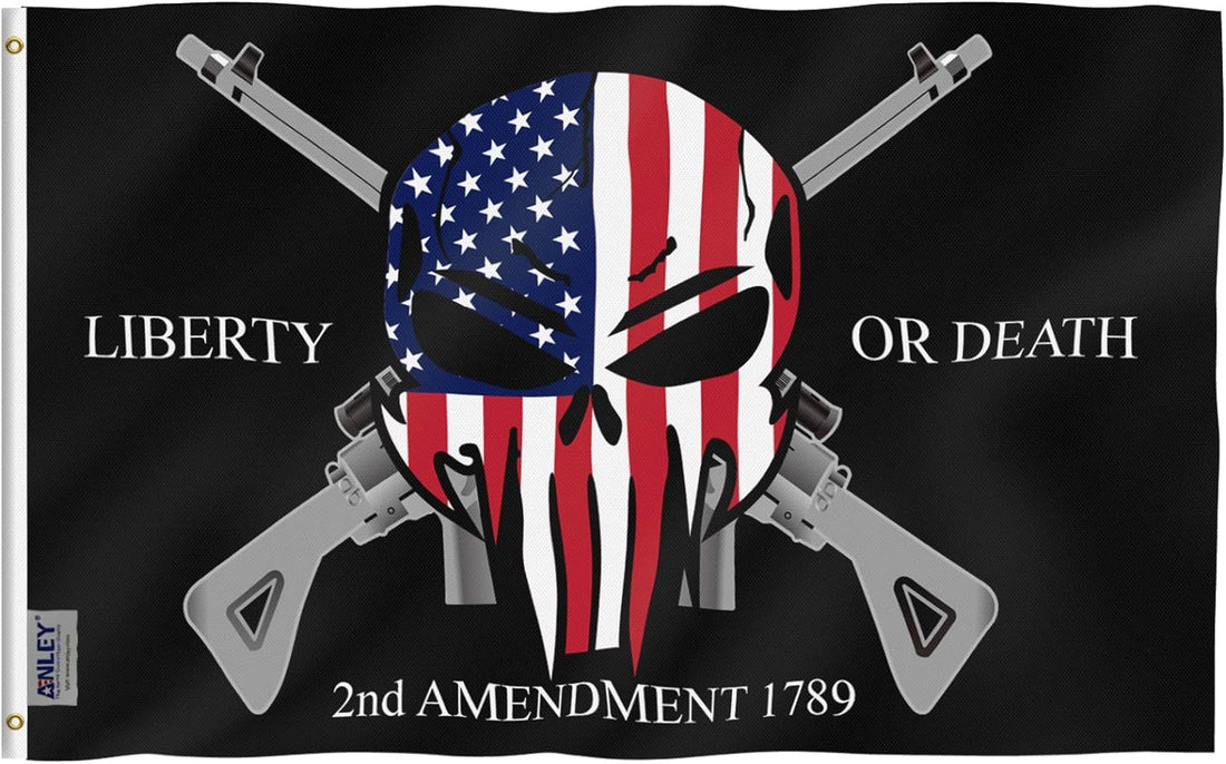 Anley Fly Breeze 3X5 Foot Liberty or Death 2Nd Amendment 1789 Flag - Vivid Color and Fade Proof - Canvas Header and Double Stitched - USA Skull Flags Polyester with Brass Grommets 3 X 5 Ft