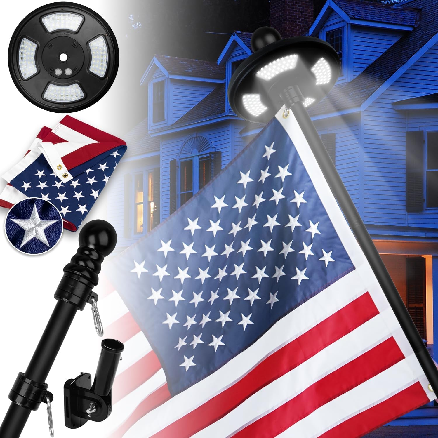 Delux American Flag with Pole and Solar Light Kit, 6 FT No Tangle Metal Pole with Holder, 128 LED Solar Powered Light, Embroidered Flag 3X5 FT, Set for 10 Hours Use for Night House Outdoor (Black)