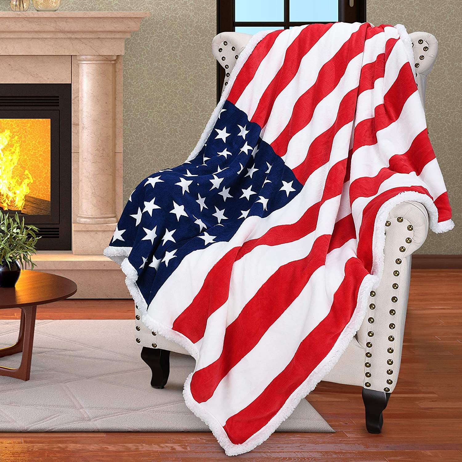 Catalonia Patriotic US Flag Blanket, American National Flag Throws, Sherpa Fleece Reversible Blanket for Couch Bed Decor, 4Th of July Citizenship Veteran Gift