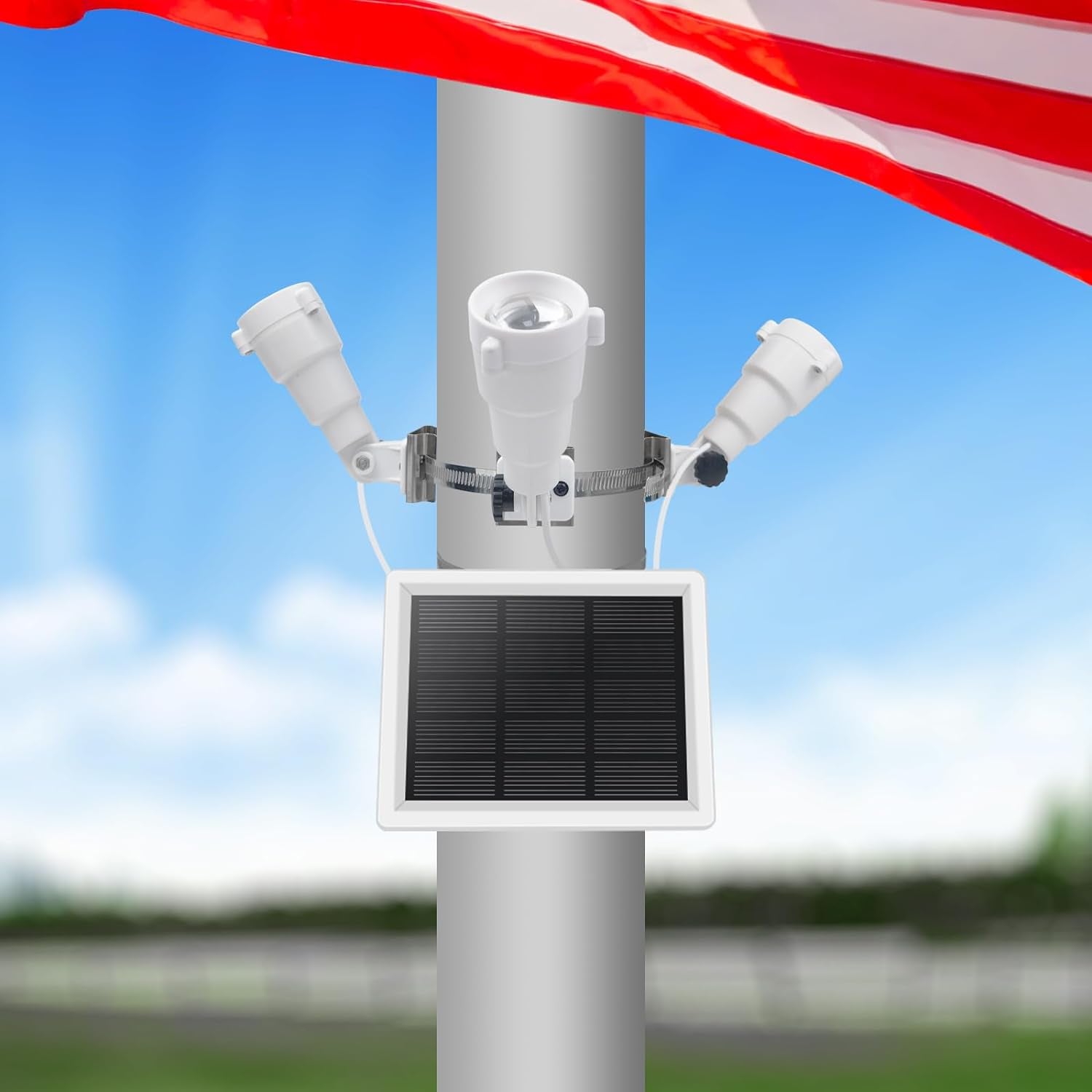 Flag Pole Light Solar Powered, 3 Super-Spotlights PC Crystal LED, IP65 Waterproof Flagpole Light Solar Powered Fits 2-3.5''Flag Poles, 360 Degrees of Flag Illumination Flag Ground House