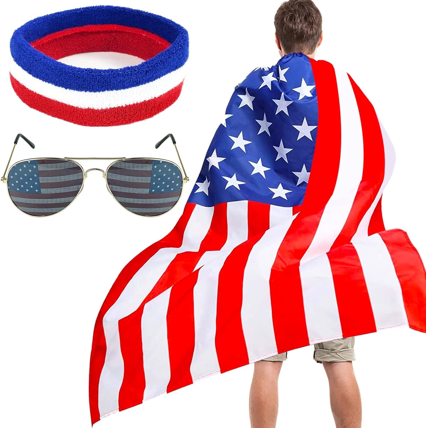 4Th of July American Flag Cape for Adult with Independence Day Headband Patriotic Sunglasses Independence Day Halloween Party Dress Up