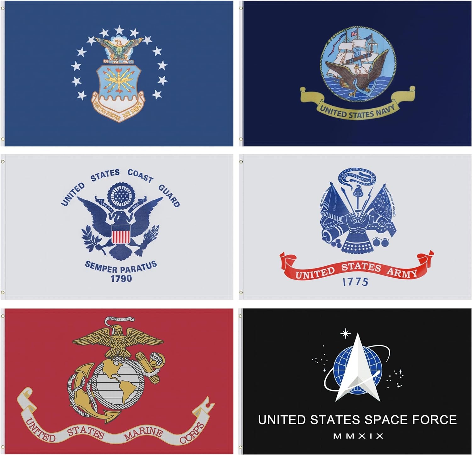 2 * 3 FT Lot of 6 Branches Military Set Polyester Flags Space Force, Air Force, US Navy, Coast Guard, Marines, Army Banner (2 * 3 FT)