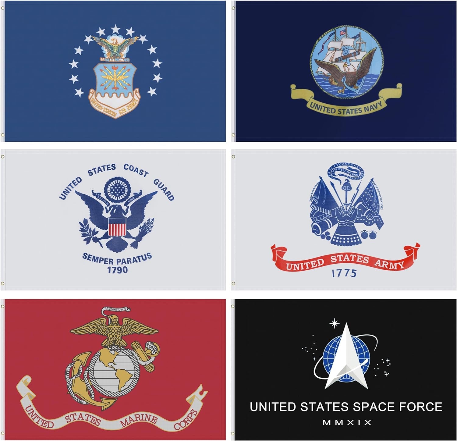 3 * 5 FT Lot of 6 Branches Military Set Polyester Flags Space Force, Air Force, US Navy, Coast Guard, Marines, Army Banner (3 * 5 FT)