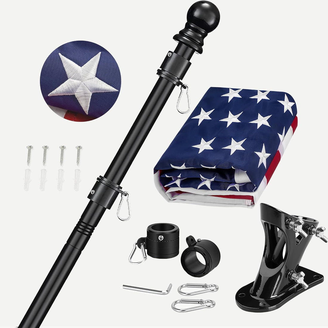 This American with Flag Pole for outside House Flag Pole Kit, 6 FT Black Tangle Free Metal Flag Poles, 3X5 Embroidered US Flag, Holder Bracket, Strong Stainless Steel for outside Porch, Tree, Boat