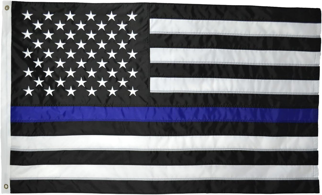 Thin Blue Line Flag - 5X8 Foot with Embroidered Stars and Sewn Stripes - Black White and Blue American Police Flag Honoring Law Enforcement Officers