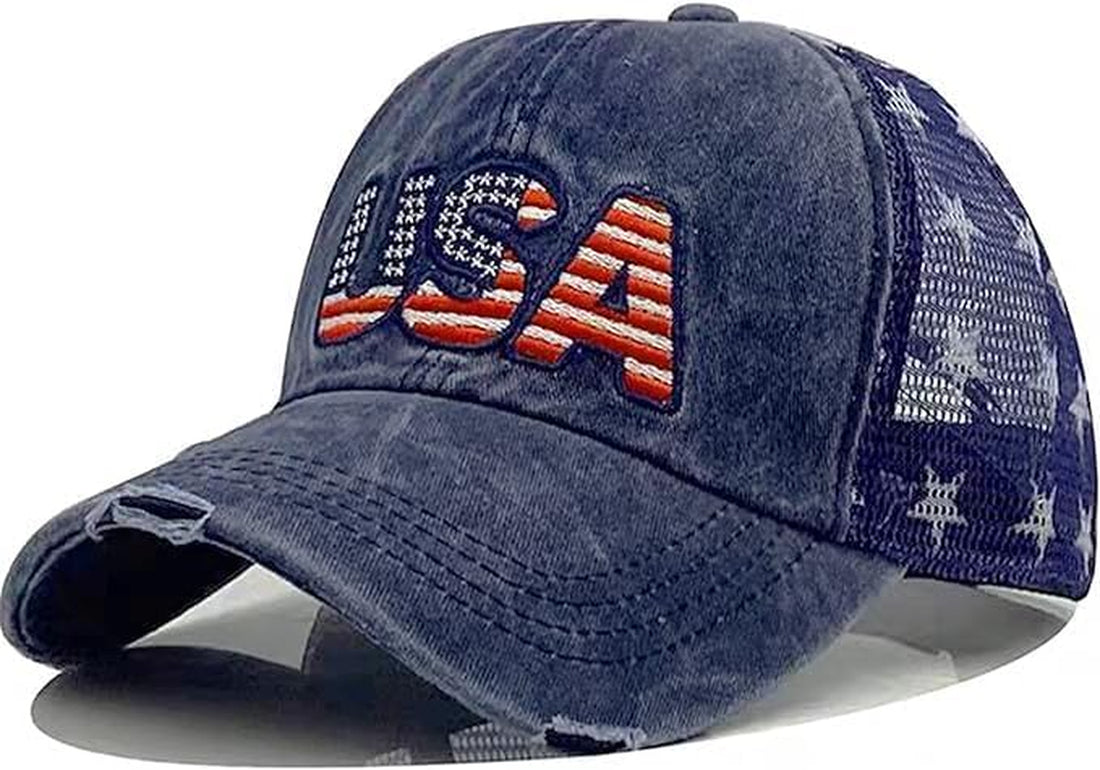 Patriotic-Usa-Baseball-Caps Woman-Man-Washed-Worn-Out-Mesh-Sun-Hat for 4Th July (Size M)