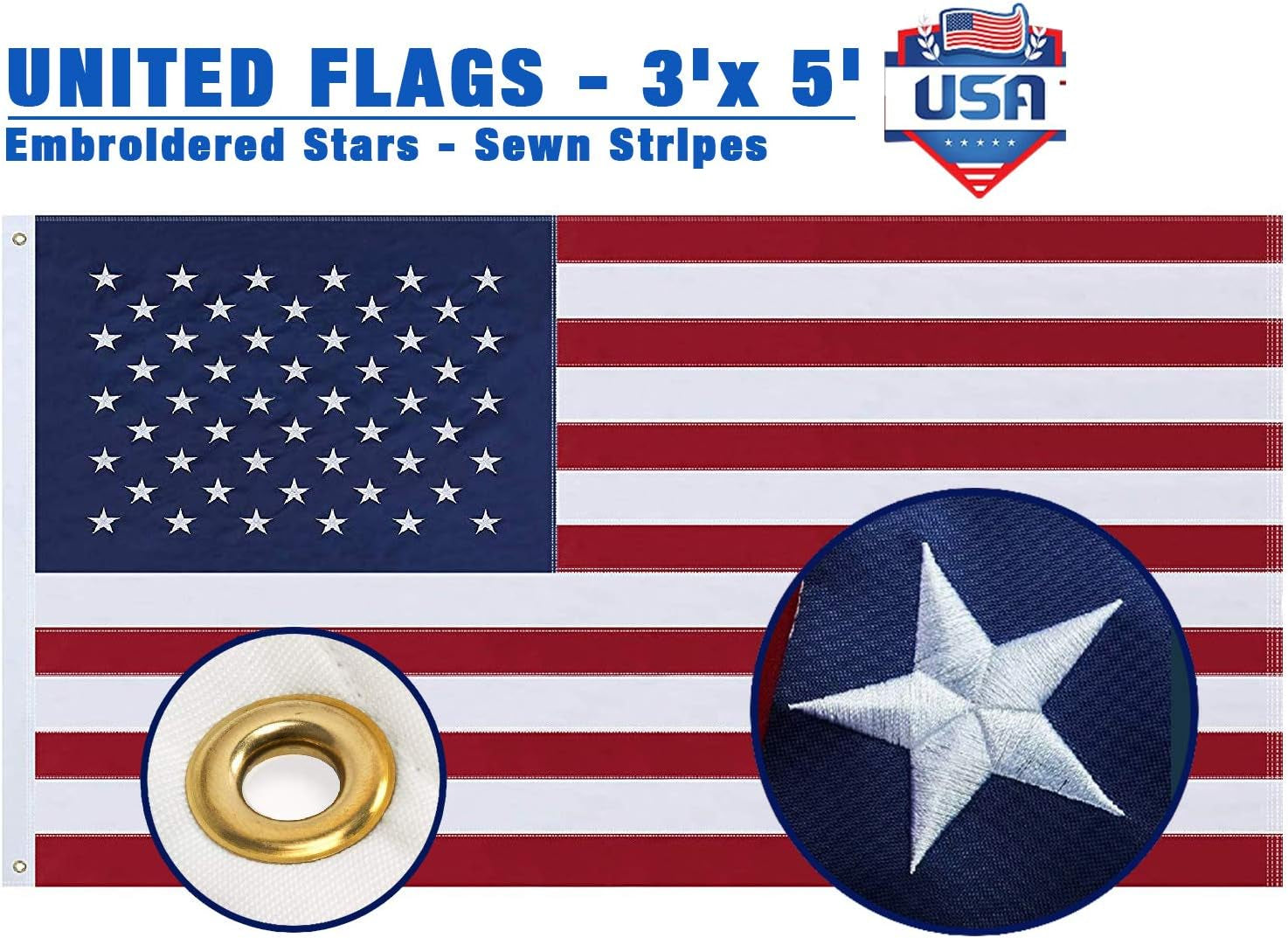 Duduta Embroidered American USA Flag 3X5 Feet, Heavy Duty Nylon US Flag Outdoor Indoor, Sewn Stripes Reinforced Header