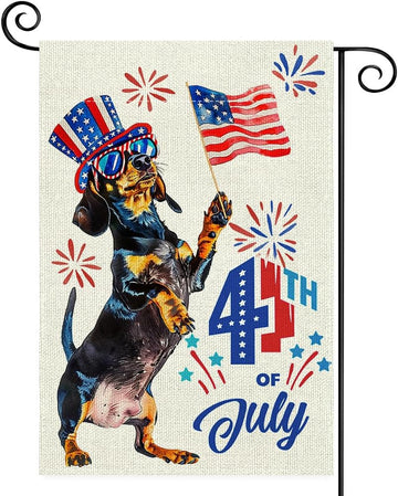 Sausage Dog 4Th of July Mini Garden Flag 12X18 Inch Double Sided, Best Chocie Independence Day Small Burlap Garden Flags for Outside, Decoration for Memorial Day Farmhouse Holiday Outdoor (SM03)