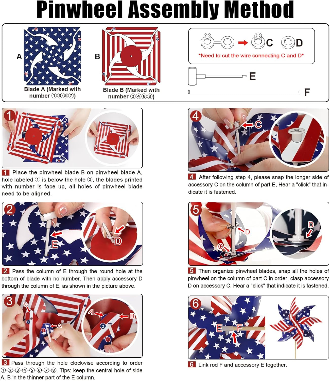 Wind Spinners Outdoor, 12Pcs American Flag Patriotic Pinwheels Red White and Blue Decorations, Garden Wind Spinners Patriotic Outdoor Decor Windmills for Yard Garden, Party Supplies, Memorial Day