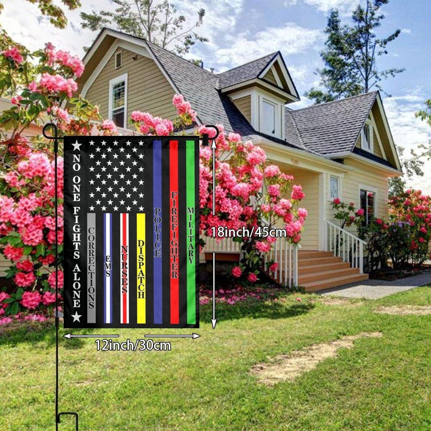 No One Fights Alone Multi Thin Line First Responders Double Sided Vertical Garden Flag 12 X 18 Inch Indoors Outdoors Perfect Decoration