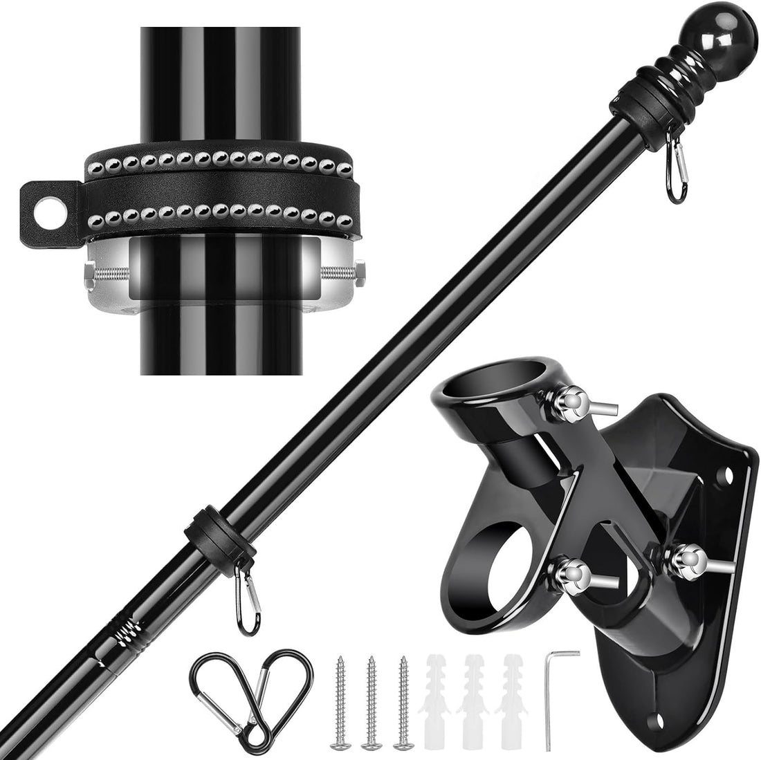 Flag Pole Kit, 6 FT Flagpoles for outside House, Heavy Duty Flag Pole Bracket, Tangle Free Flag Pole Ring, Stainless Steel Flagpole, Flag Poles for Outdoor, Porch, 1 in (Black)