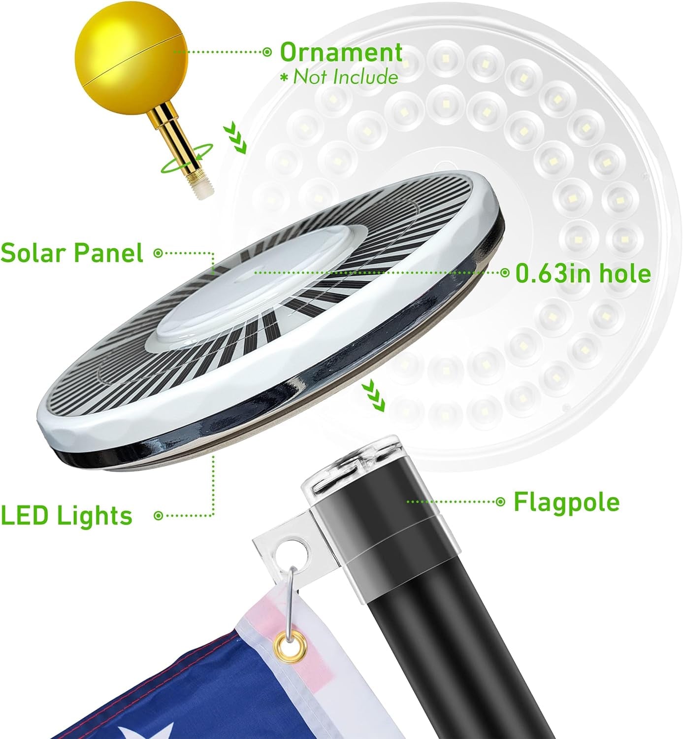 Flag Pole Light Solar Powered Spotlight Outdoor, 48 LED IP67 Waterproof Solar Flag Pole Light up to 12 Hours, Top Mounted Flag Pole Solar Light, Gold Shade